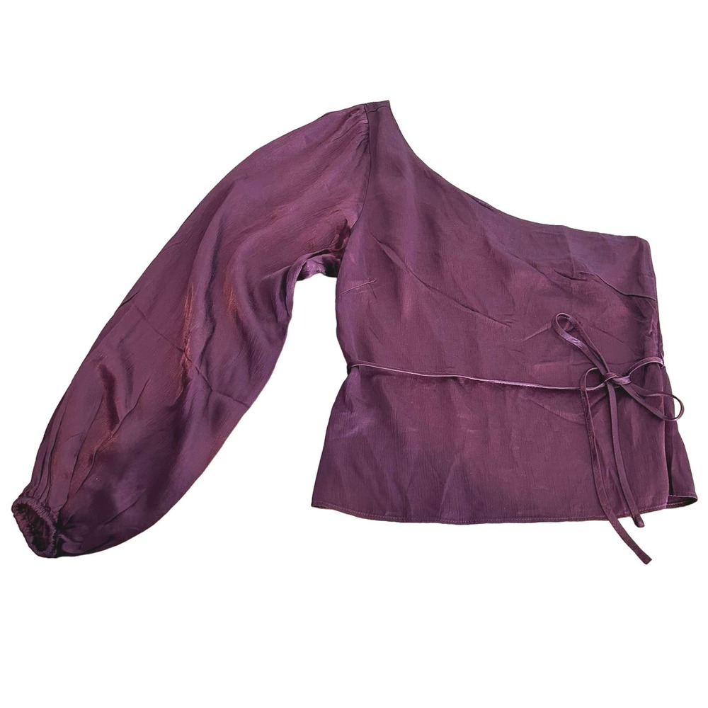 Mink Pink Wine Nador One Shoulder Long Sleeve Silky Satin Top Size X-Small